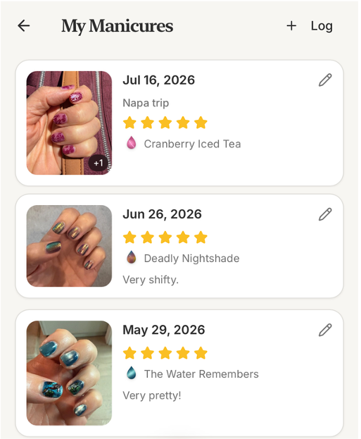 The My Manicures screen: a feed of saved manicures, each with a photo, date, star rating, and the shade behind the look.