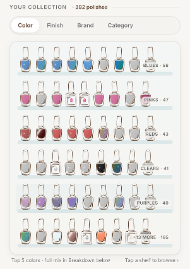 The Collection shelf: every polish you own on a shelf, sorted by color, with Finish, Brand, and Category views.